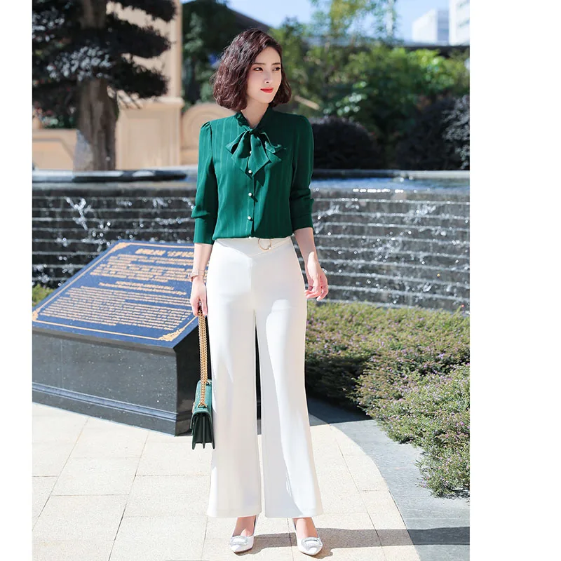 Женский офисный костюм-двойка блузка в полоску с длинным рукавом и элегантная