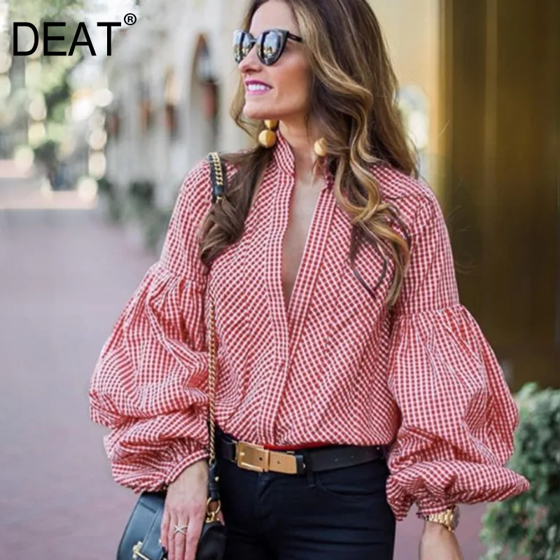 DEAT 2020 Fashion New V-neck Plaid Lantern Sleeve Women Shirt Casual Hot Sale Trendy Spring Tide Blouse Clothes BE671 | Женская одежда