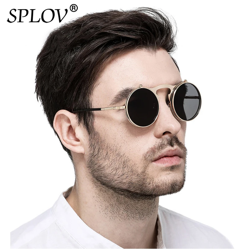 Фото Солнцезащитные очки SPLOV с изогнутыми дужками UV400 для мужчин и женщин, винтажные солнцезащитные аксессуары в круглой металлической оправе в стиле стимпанк, ретро №1