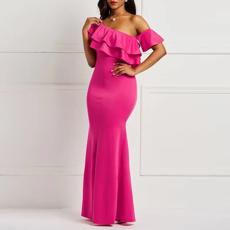 Вечерние платья Русалка Bodycon женские оборки открытые плечи летние синие стильные