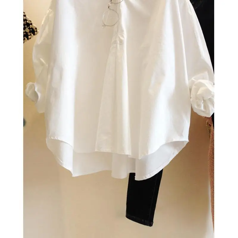 

MISSKY Women Summer Spring Shirt Casual Loose Solid Color All Matching Long Sleeve V Neck Sweet Shirt Female Clothes