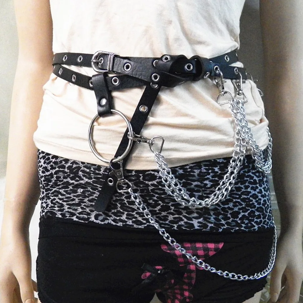 

Harajuku Belt Women Sexy Punk Gothic PU Leather Chain Belt Adjustable Waist Belt Black