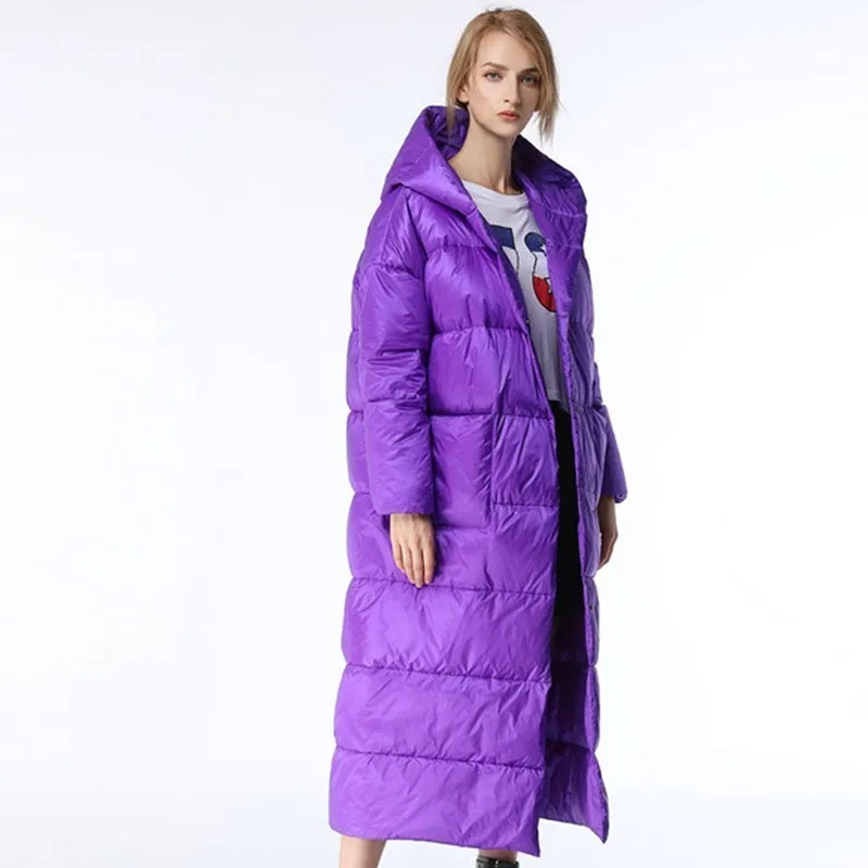Long Knee Purple Down Jacket Fashion Hooded Parka 2018 Winter Jacket Women Plus size feather Overcoat doudoune femme hiver ls182
