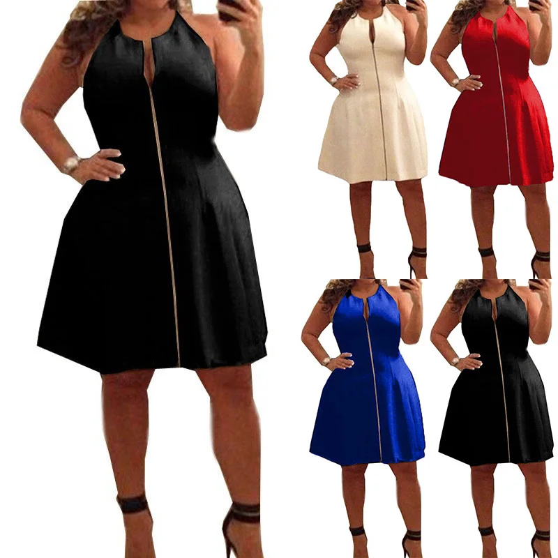 Женское летнее однотонное мини-платье без рукавов с круглым вырезом | Женская