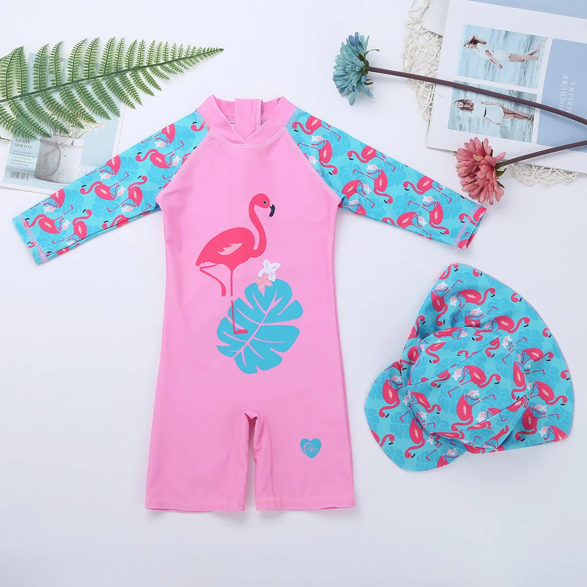 Детский слитный купальник TiaoBug с принтом рыбок/фламинго на молнии для девочек