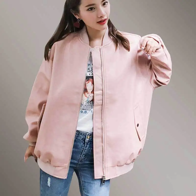 Best Faux Leather Female Coat Pink PU Bomber Jacket Women Spring Plus Szie Basic Jacket 2019 Autumn Fashion Soft Outerwear PJ327