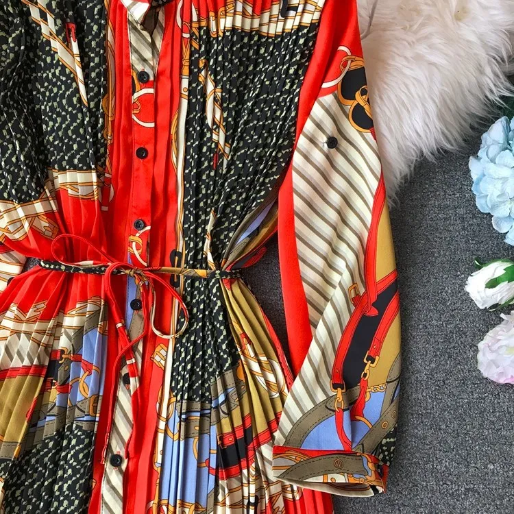 Весеннее женское городское свободное Плиссированное Платье рубашка с принтом