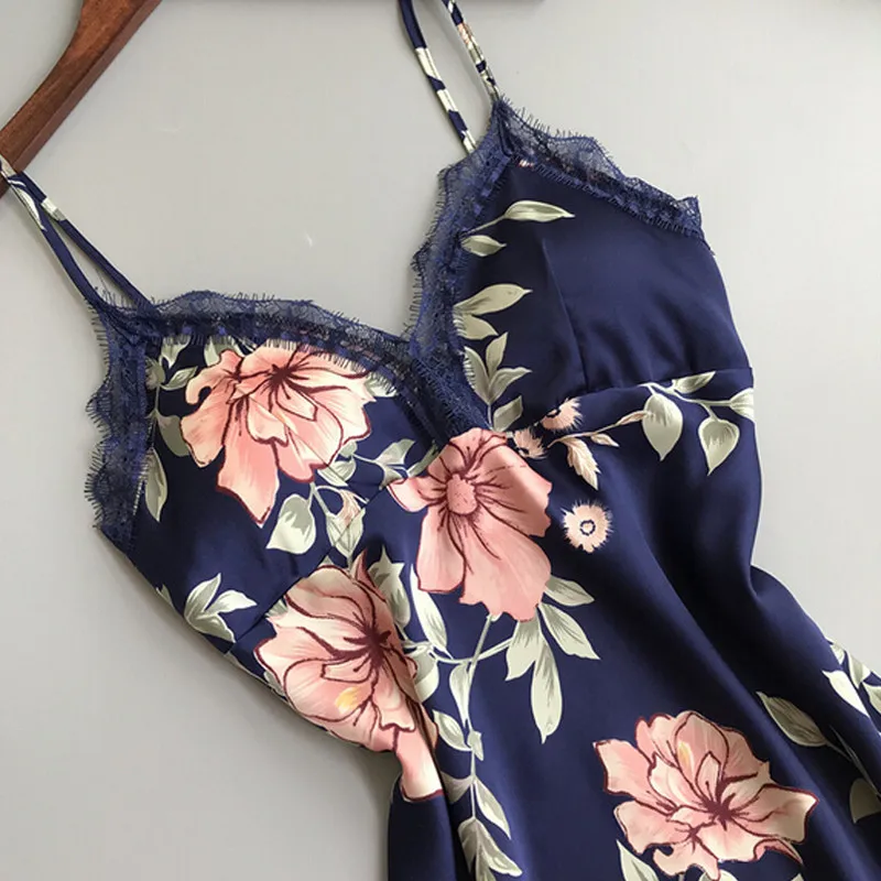 Новинка 2019 модная женская кружевная шелковая ночная рубашка без рукавов с