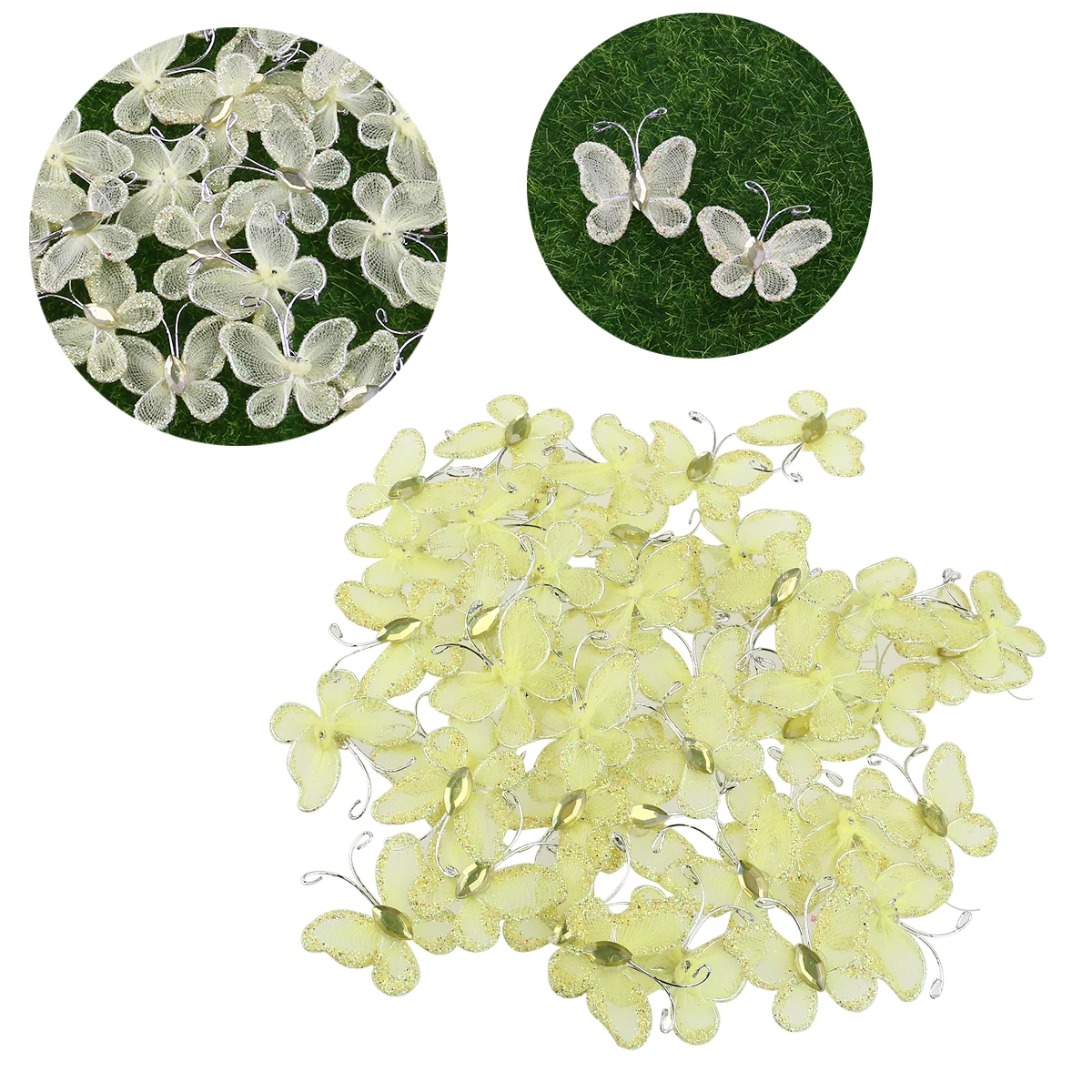 50pcs Sheer Mesh Wire Glitter Butterfly with Gem (Yellow) | Дом и сад