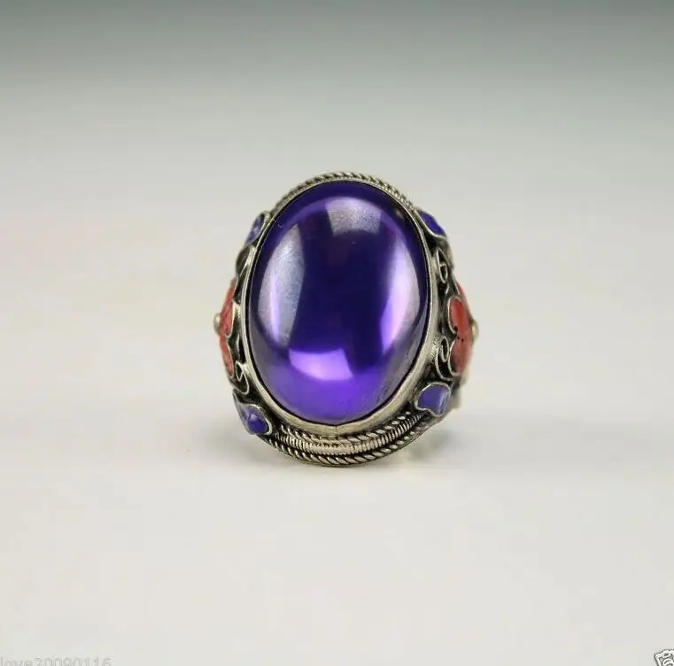 Chinese Handwork inlay purple Zircon Cloisonne silver Red Flower Adjust Ring | Дом и сад