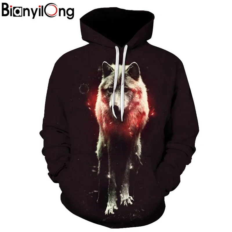 2019 new Animal cute animal hoodies Fashion men 3d wolf Print Hoodie Hip Hop Men Hooded Sweatshirt Red light hoody Plus Size | Мужская