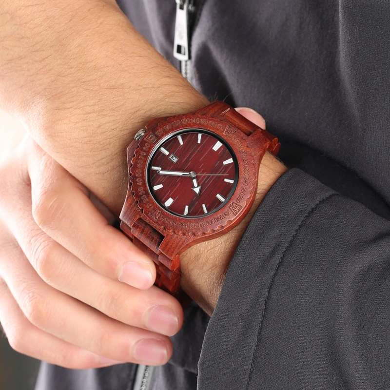 

Unique Compass Bezel Top Luxury Red Wood Watches Men Watch Fashion Full Wood Band Wrist Men's Watch Calendar Clock reloj hombre