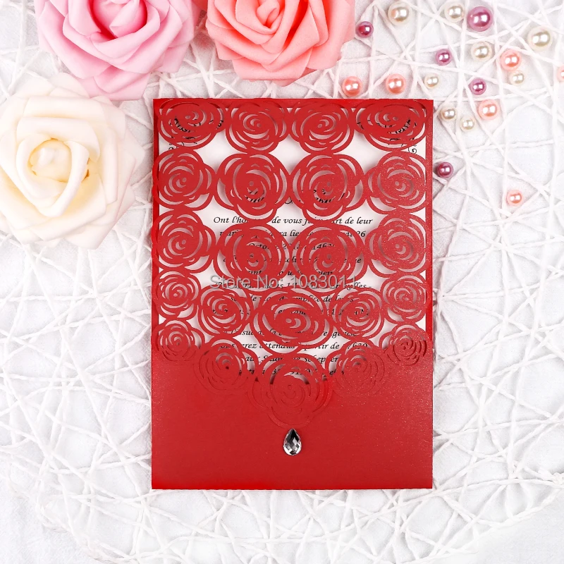 

PONATIA 20Pcs Laser Cut Wedding Invitation Cards with Rhinestone Hollow Flora Cardstock for Engagement Wedding Party(Red)