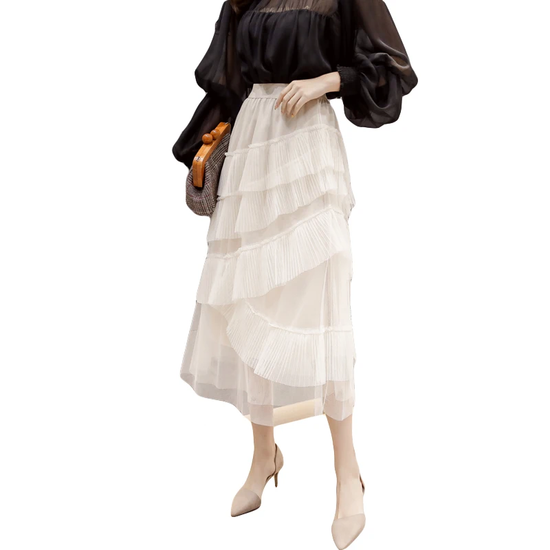 Женская сетчатая плиссированная юбка асимметричная до середины икры с