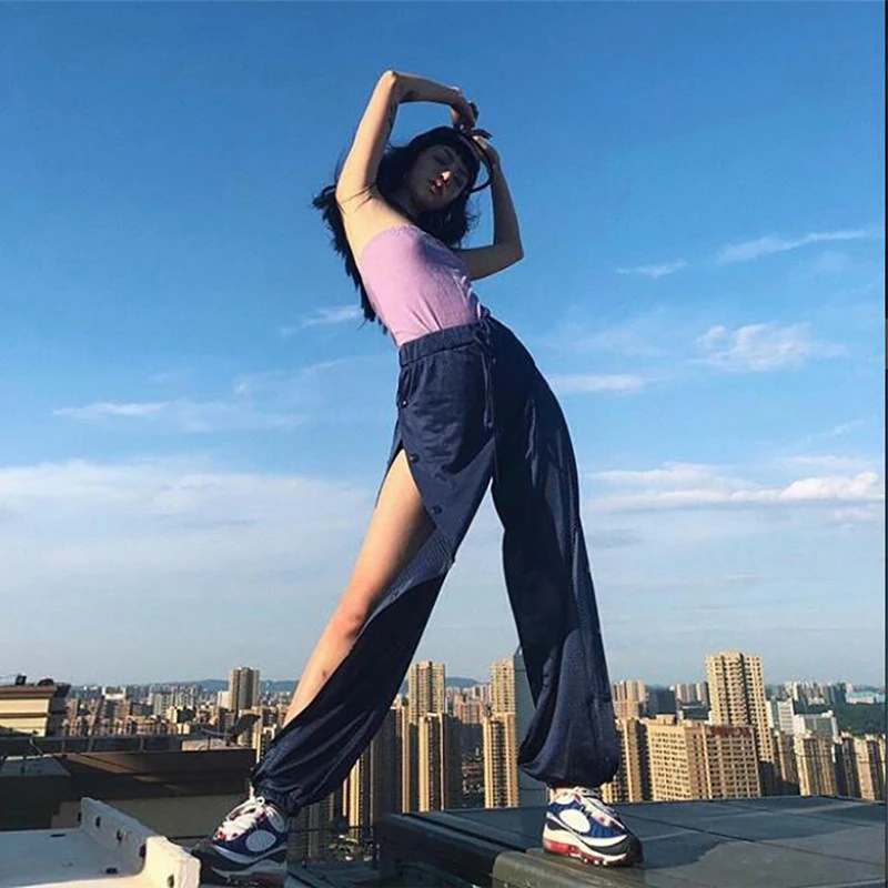 

Women Snap Button Track Pants Mesh Transparent Joggers Side Open High Split Trousers Female Sweatpants Leisure Pantacourt Hippie