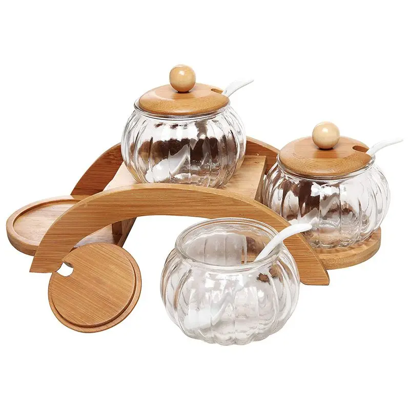 (set of 3) clear glass seasoning jar creative spice box and 2-layer wooden display stand |
