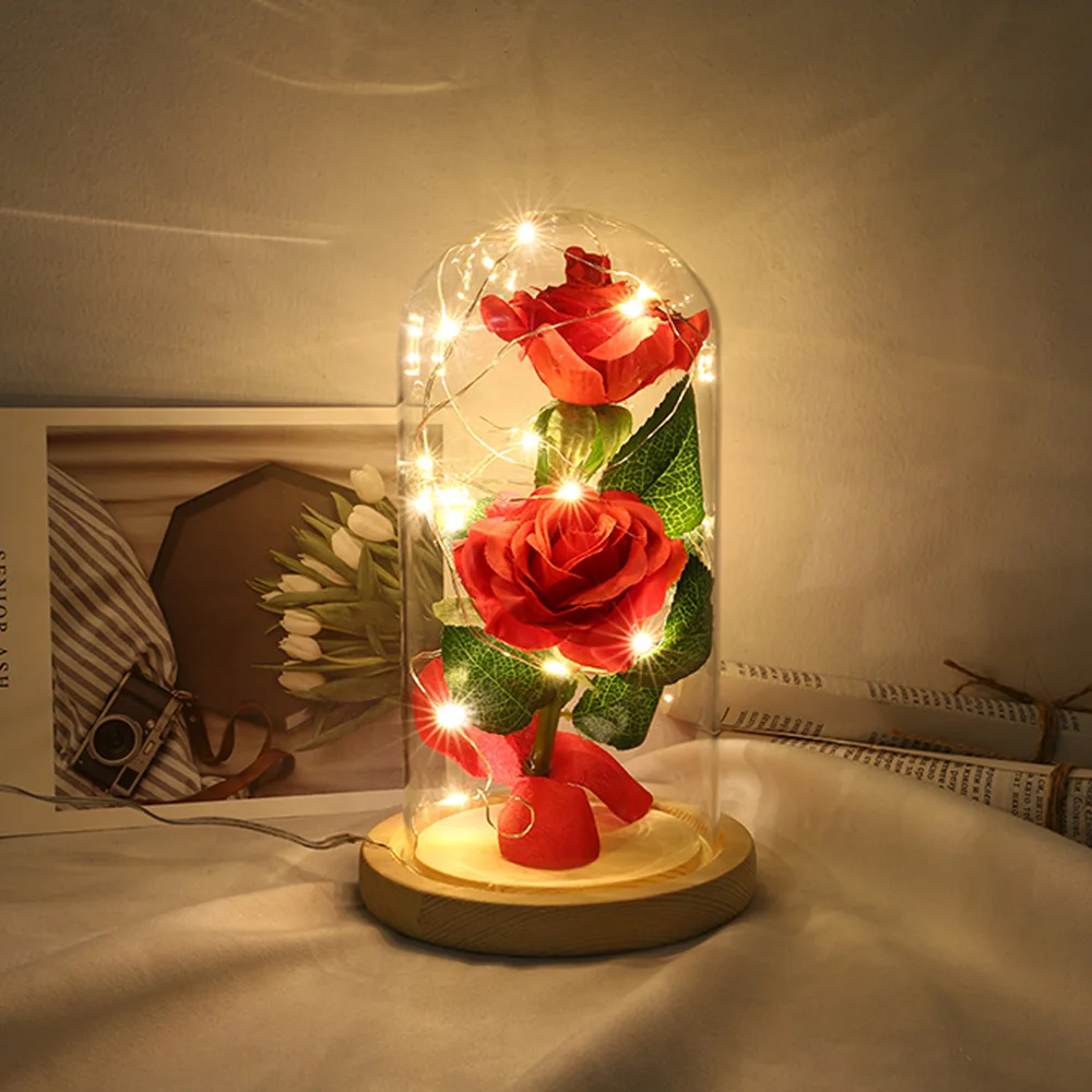 LED Beauty And The Beast красная роза со стеклянным покрытием на деревянной базе батарейках