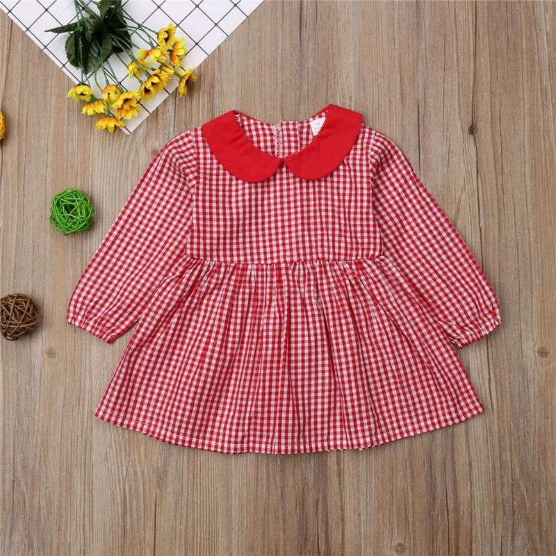 Autumn Long Sleeve Peter Pan Collar Dresses Red Plaid Clothes Girls Clothing Outfit Cotton Toddler Children Kids Baby Girl Dress | Детская