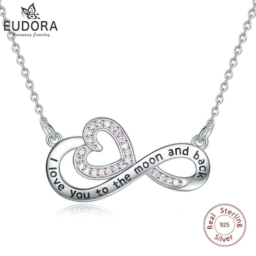 

EUDORA 925 Sterling Silver Pink CZ Infinite Love Heart Pendant Necklaces 45 CM Chain Lettering Charm Women Fine Jewelry D338