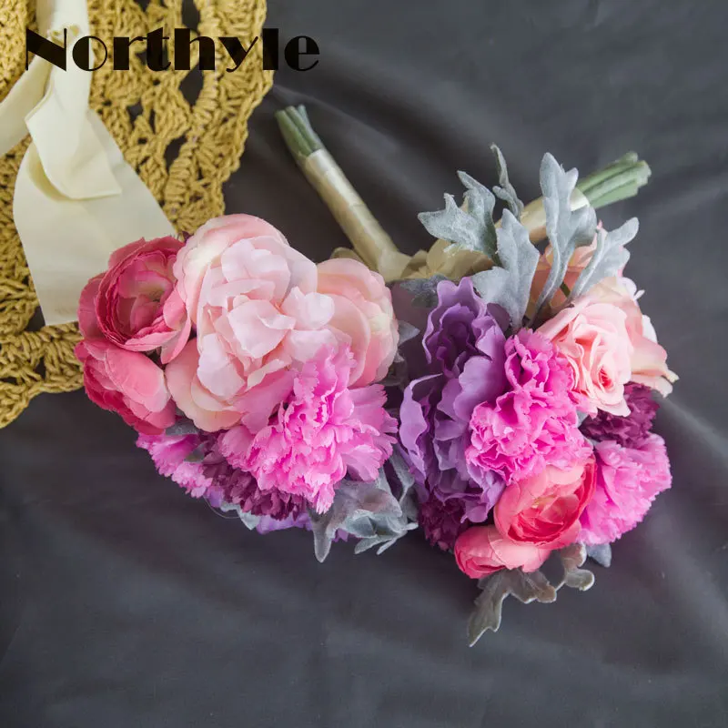 

Carnation Peony Rose Bouquet Beach Wedding Flowers Bridal Bouquets Purple Rose Romantic Flores Artificiales Wedding Decor