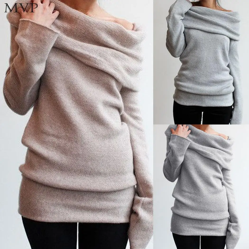 Women Casual Slash Neck Long Sleeve Off Pullover Autumn Winter Shoulder Solid Sweater | Женская одежда