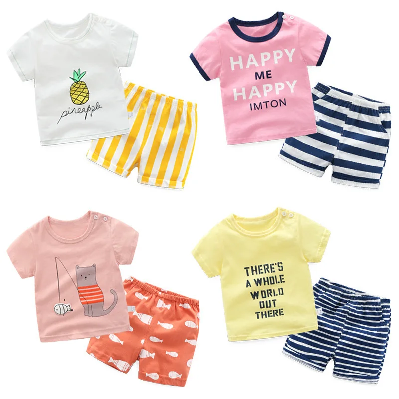 2PCS Korean Cotton Children's Set Cartoon Short-sleeved T-shirt+Striped Shorts Baby Boy Girl Summer Clothes Suit | Детская одежда и