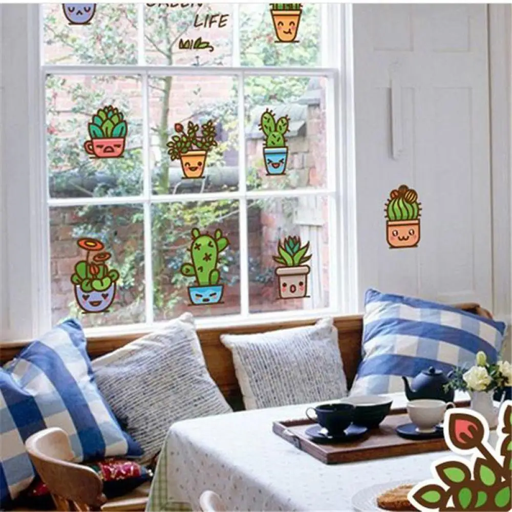 3D ПВХ наклейки на обои зеленые в горшке эмодзи дерево самоклеющиеся Декор DIY