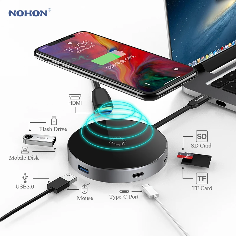 

Nohon USB Type C HUB PD Wireless Charger 80W 7 in 1 HDMI Thunderbolt 3 Adapter for MacBook Samsung S9 Huawei P20 Mate 20 USB HUB