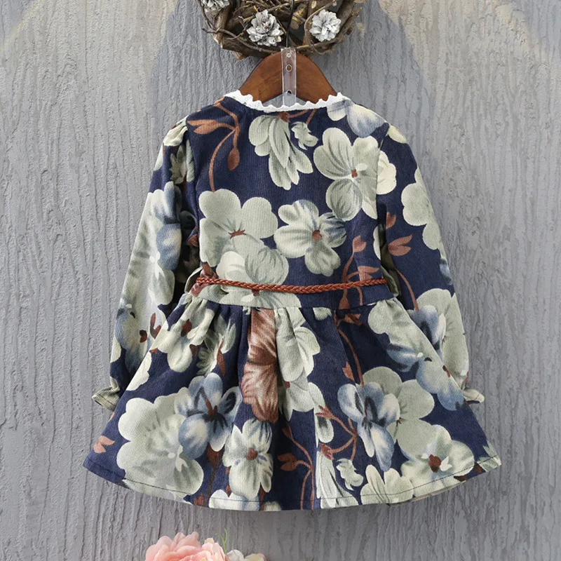 Модные платья с длинными рукавами и цветочным рисунком для маленьких девочек