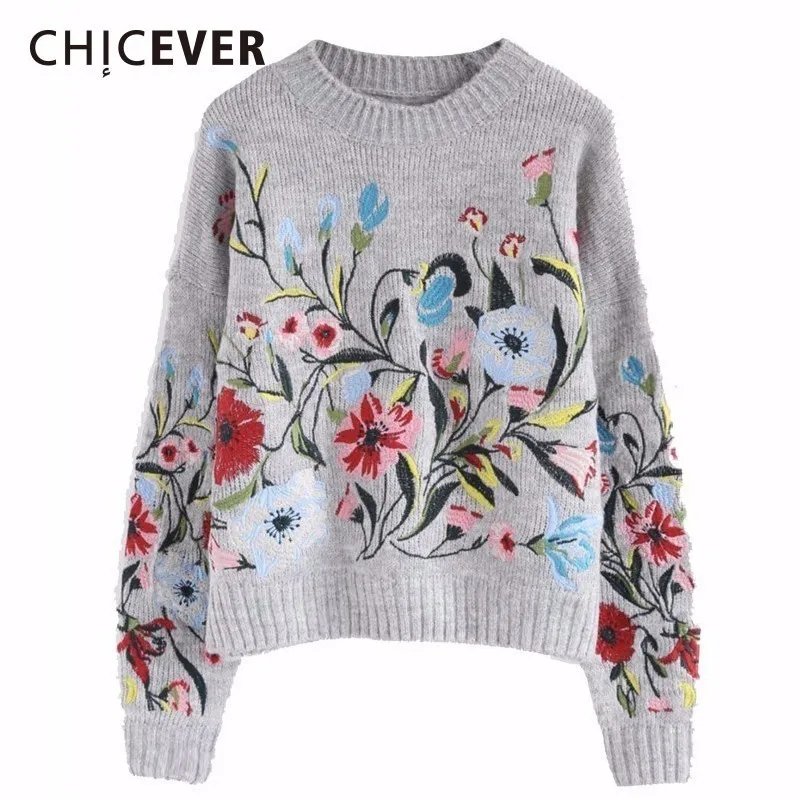 CHICEVER Spring Embroidery Floral Women Sweater Jumper Top Long Sleeve Pullovers O neck Female Sweaters Clothes Fashion Korean Женская
