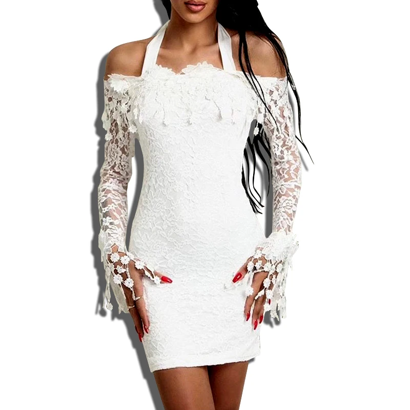 

Women Lace White Mini Dress Slash Neck Hollow Out Long Sleeve Rayon Bandage Dress Top Quality Evening Party Bodycon Dress