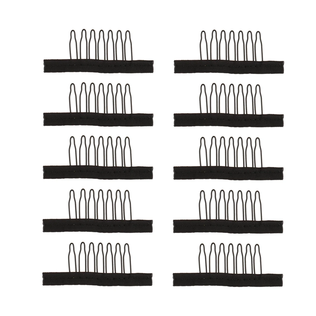 10 Pieces New 7 Teeth Wig Combs - Steel Tooth Comb for Wig Caps Lace Cap Black - Portable Stainless Steel & Fabric image 2