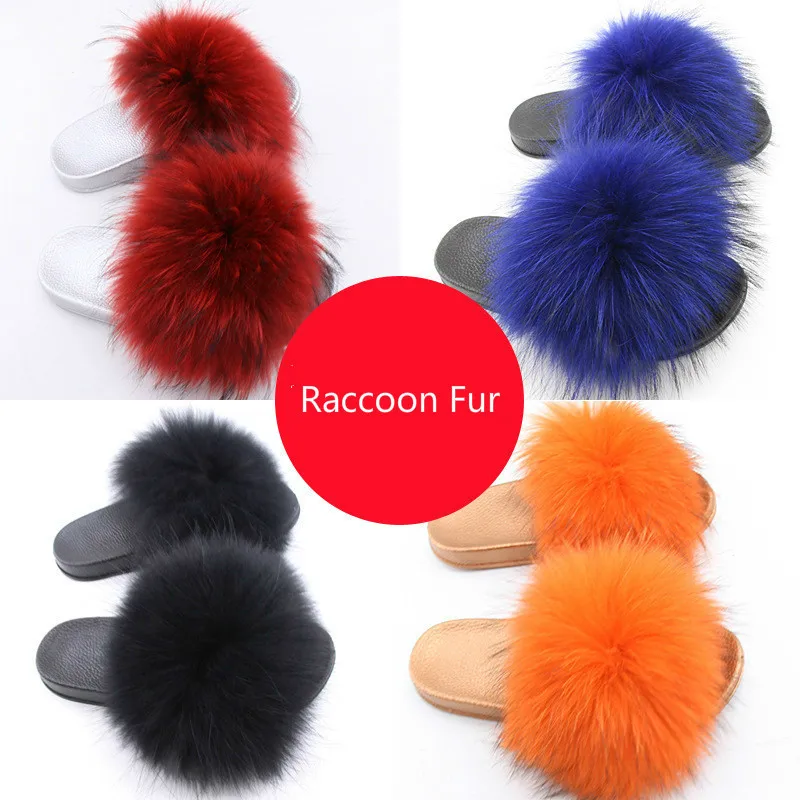 Модные стильные пушистые Шлепанцы из натурального меха енота мягкая теплая