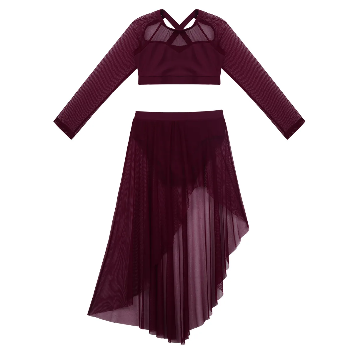 TiaoBug Kids Teens Tulle Lyrical Dance Costumes Set Long Sleeve Crop Top with Ballet Tutu Skirt Gymnastics Shorts Tops Dancewear
