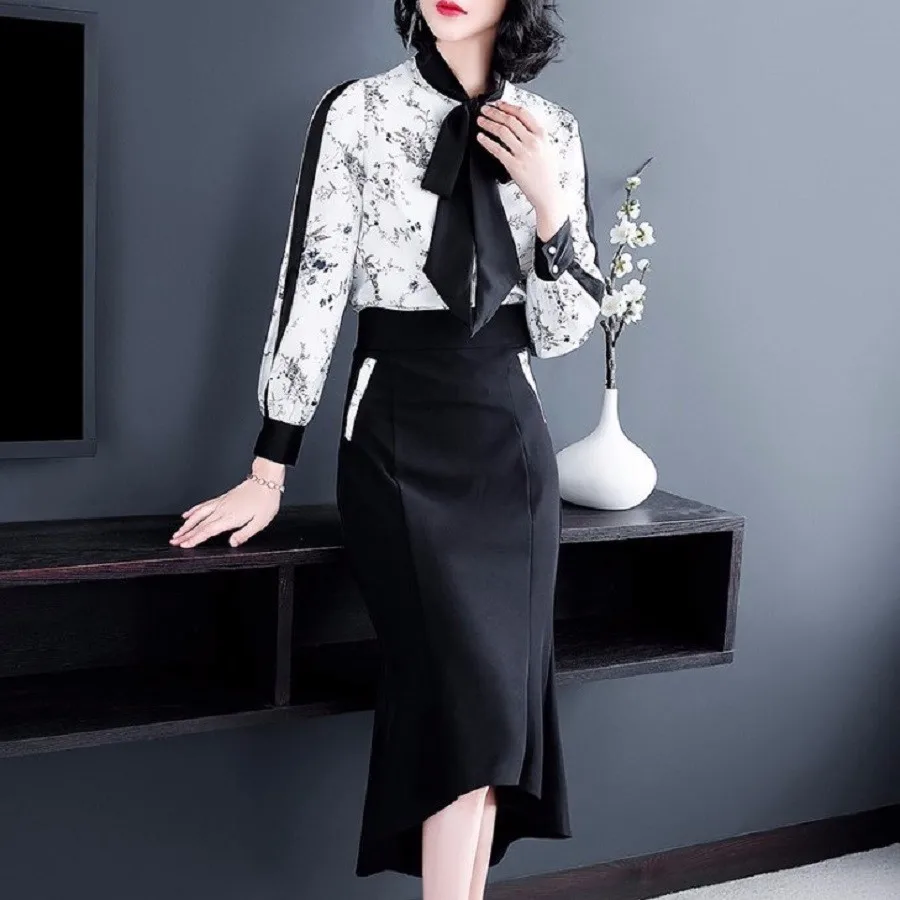 Осенний женский костюм с длинным рукавом и принтом | Женская одежда