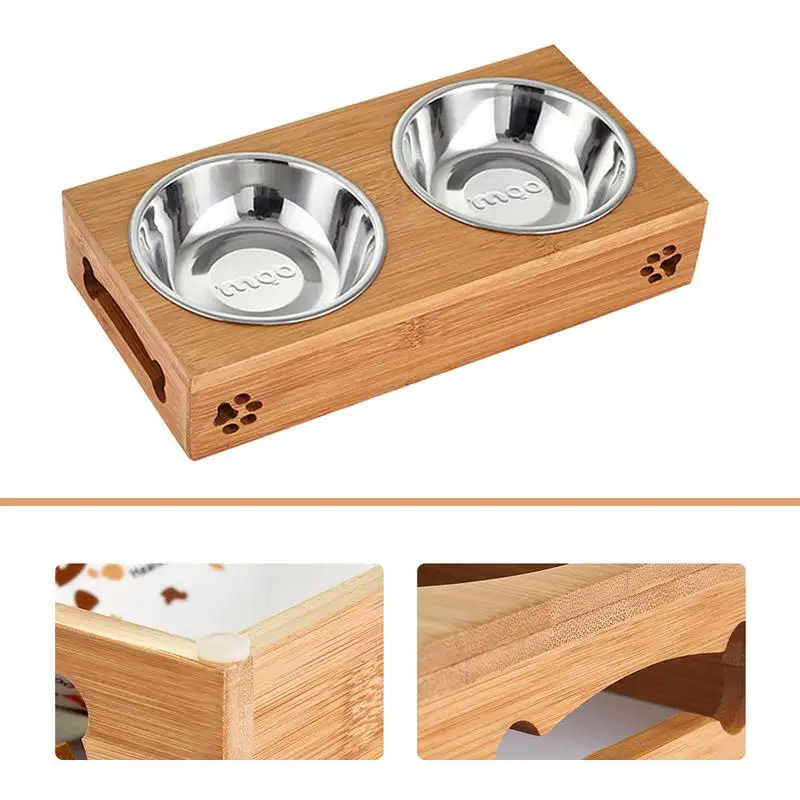 Double Pet Dog Cat Feeding Bowl Non-slip Bamboo Rack Stainless Steel Food Water Bowls Dishes Supplies | Дом и сад