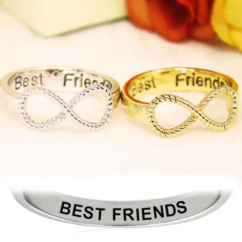 Женское кольцо с бантиком золотистое в стиле панк буквами BFF и надписью Best Friend