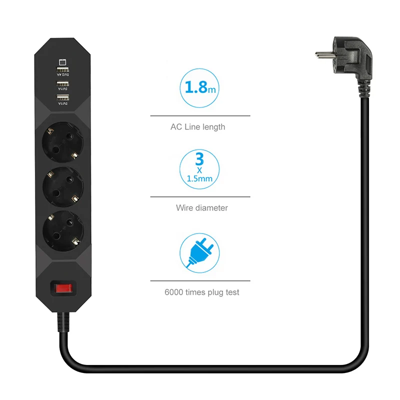 CLAITE Смарт USB Мощность полосы 5V 2.4A 3 Порты зарядка через адаптер переменного тока 250