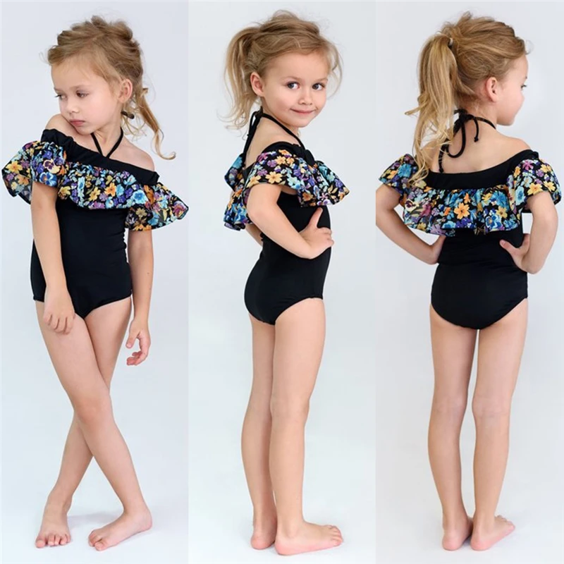 Toddler Kids Baby Girls Bodysuit Summer Sleeveless Black Flower Ruffle Swimwear Bikini Tankini Swimsuit Bathing Suit 2PCS | Детская