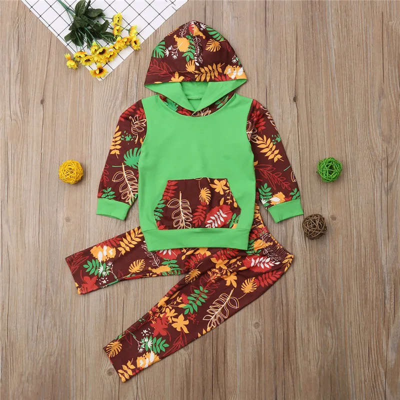 New Casual Baby Girl Autumn Spring Outfit Long Sleeve Hooded Sweatshirt Top+Long Floral Pants Clothes Patchwork Set Toddler 2Pcs | Детская