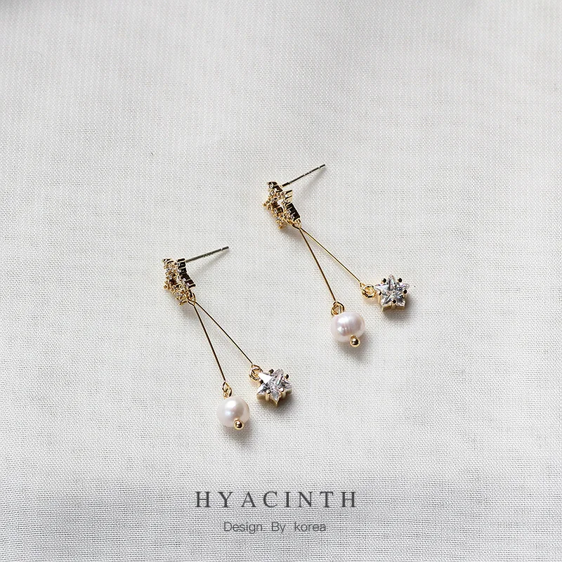Earrings Woman Exquisite Micro Insert Five-pointed Star Eardrop Temperament Concise Pearl Earring Product | Украшения и
