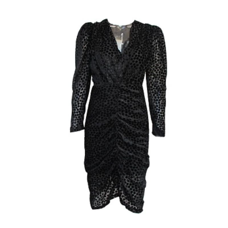 Runway Black Dot 2019 Summer Lady Dress Draped V-neck Sexy Bodycon Sheath Chic Puff Sleeve Women Party | Женская одежда