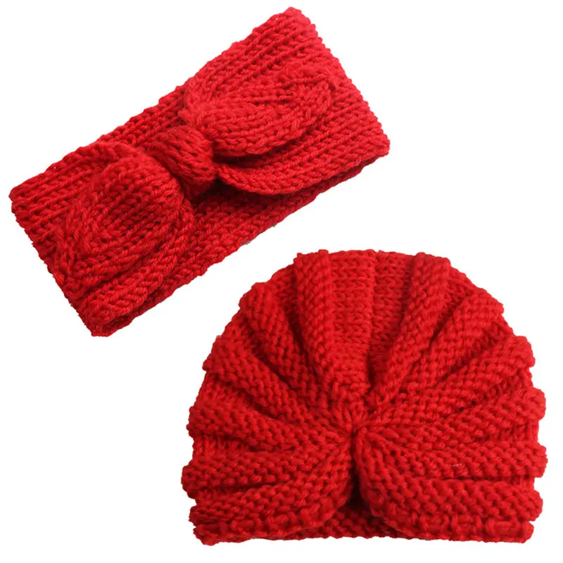Baby Girl Hat Newborn Cap Infant Headband Toddler Kids Turban Cotton Beanie Kitting Bonnet Hairband Winter Crochet 2pcs 0-5T | Детская