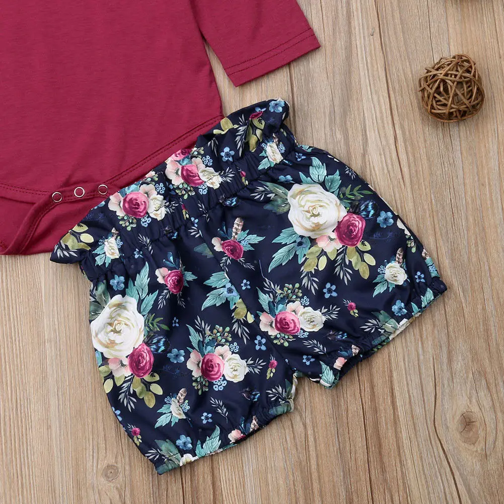 Newborn Toddler Kids Baby Girls Clothes 3PCS Ruffles Long Sleeve Solid Romper Tops+Floral Print Shorts+Headband | Детская одежда и