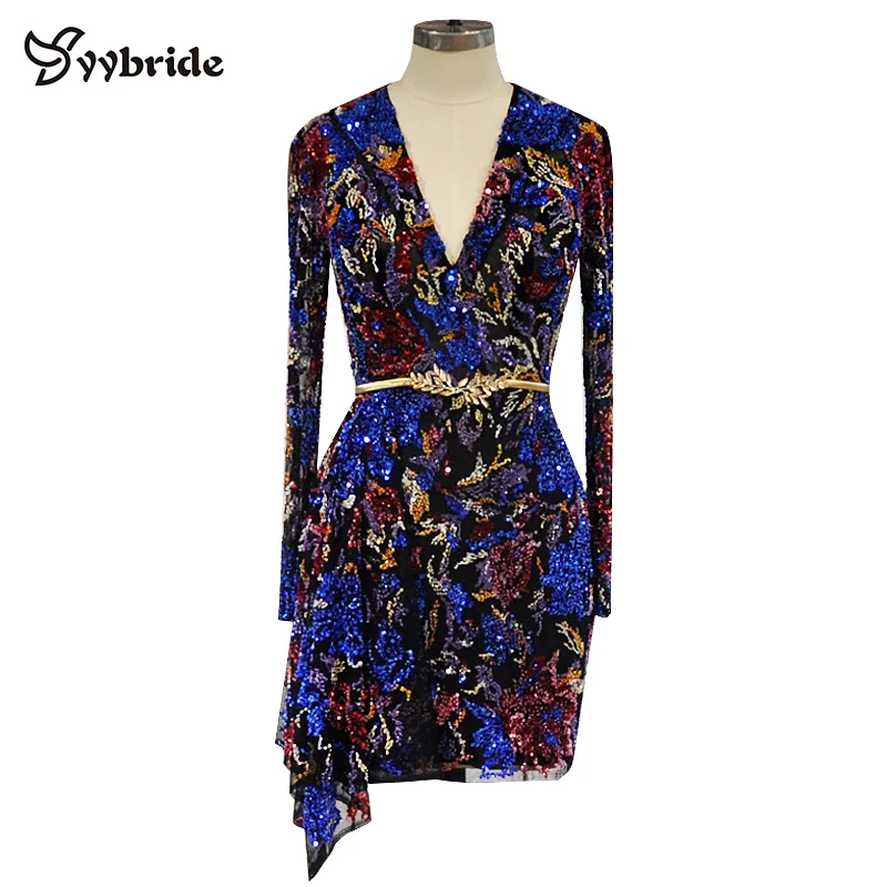 

yybride Tailor made V-Neck Colorfully Beading Party Dresses Luxury Full Sleeves Sexy Mini Above Knee Candy Color Prom Dresses