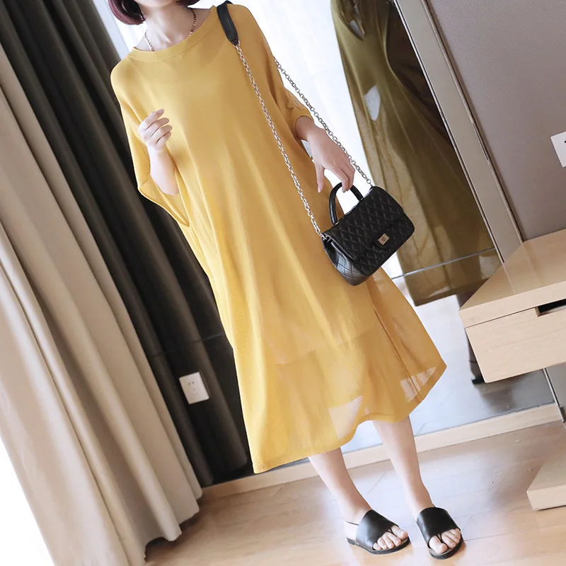 LANMREM 2020 Spring Summer New Bat Sleeve O-neck Loose Large Size Thin Type Knitted Dress Comfortable Fashion Short QF259 | Женская