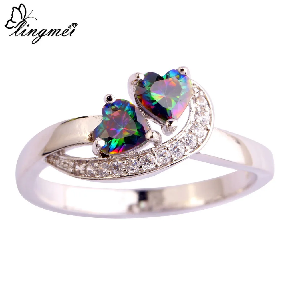 Lingmei Прямая поставка оптом сердце большое таинственное RainbowWhite CZ серебряное