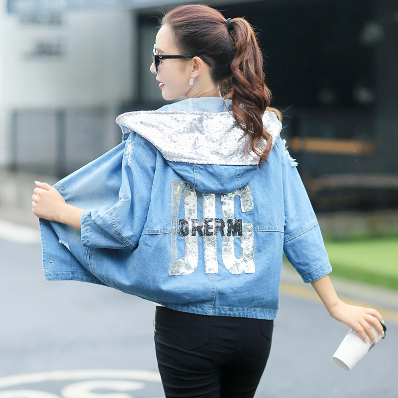 Harajuku Coat Women Bomber Jacket Denim Slim Coats Hooded Sequins Short Solid Outwear Chaqueta Mujer Vintage Biker Letter | Женская