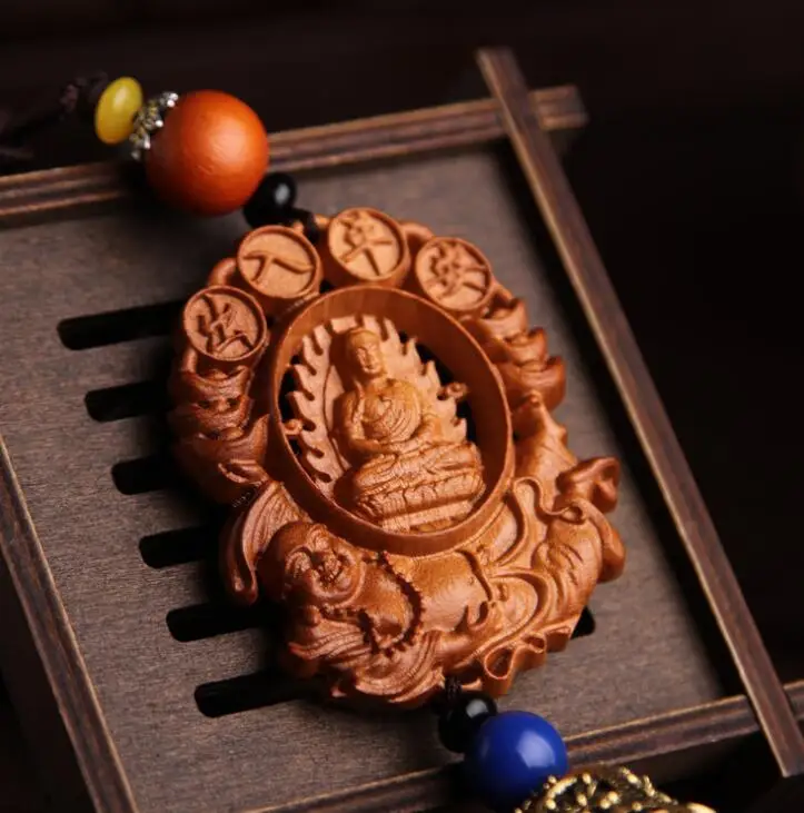 Китайский персиковый деревянный резной Yuan Bao Guan Yin Kwan yin Bodhisattva Maitreya статуя Будды