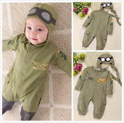 Novelty Children Full Sleeve Button Pocket Rompers+ Glasses Pattern Hat Cap Pilot Jumpsuit Outfits Green Clothes |